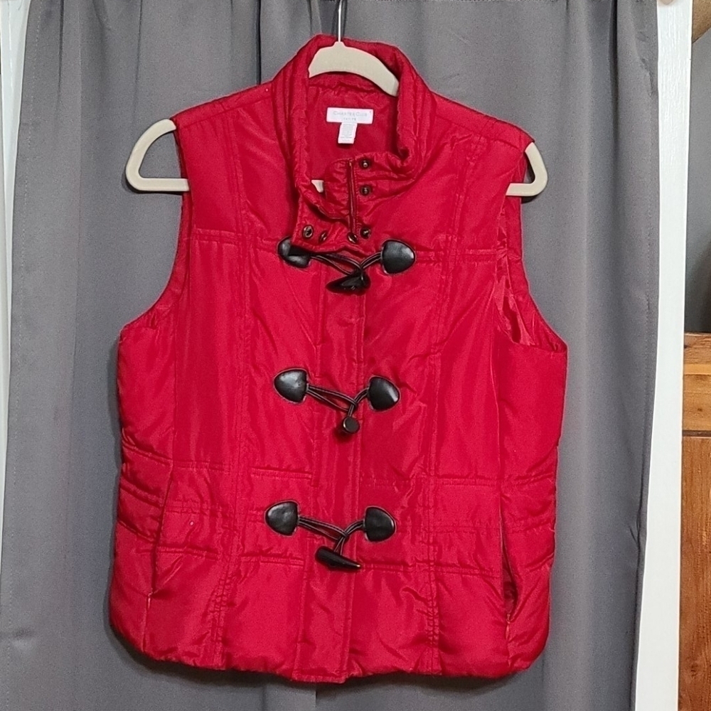 Charter Club Womens Red Vest W/Black Toggle Tubular Buttons Sz Petite M GUC READ